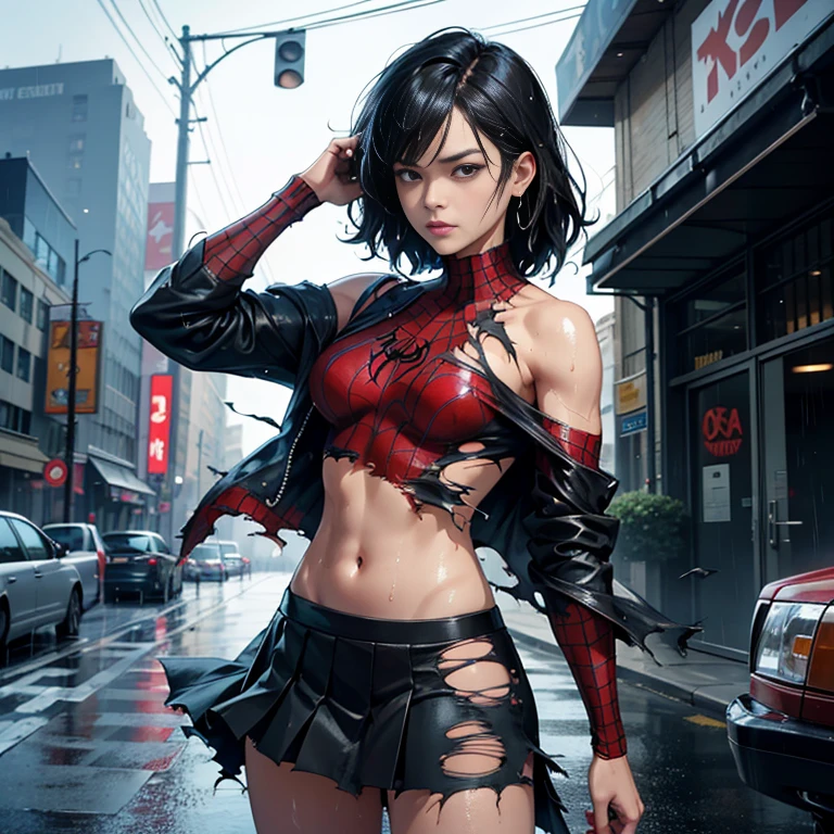 Michelle Rodriguez、マーベル・コミック映画のPoster, Very beautiful, Movies about Spiderman, sexy, whole body, I'm wearing a skirt、Premiere date, Poster、belly buttonを突き出す、new york、She's wearing a torn Spider-Man suit,The suit is torn、Wearing a skirt、 Red and black color scheme,dynamic、masterpiece、highest quality、Ultra-detailed、Very detailed、A delicate and beautiful shine、超A high resolution、Cinematic,Break,Breakdrop,(Torn clothes:1.5), (Wet clothes:1.4), Bare shoulders,Real Rain,Wet Hair,belly button、Exposing Skin、sexyな肩を見せてる