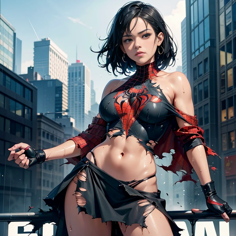 Michelle Rodriguez、マーベル・コミック映画のPoster, Very beautiful, Movies about Spiderman, sexy, whole body, I'm wearing a skirt、Premiere date, Poster、belly buttonを突き出す、new york、She's wearing a torn Spider-Man suit,The suit is torn、Wearing a skirt、 Red and black color scheme,dynamic、masterpiece、highest quality、Ultra-detailed、Very detailed、A delicate and beautiful shine、超A high resolution、Cinematic,Break,Breakdrop,(Torn clothes:1.5), (Wet clothes:1.4), Bare shoulders,Real Rain,Wet Hair,belly button、Exposing Skin、sexyな肩を見せてる