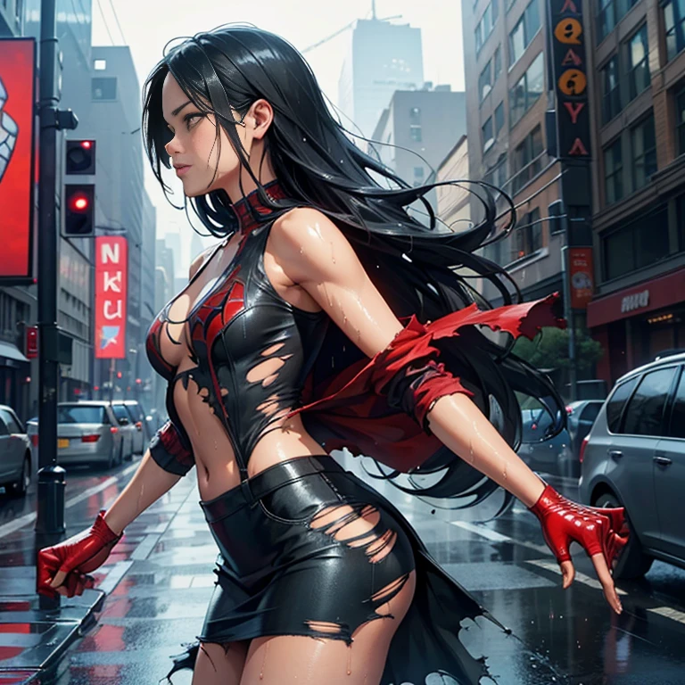Michelle Rodriguez、マーベル・コミック映画のPoster, Very beautiful, Movies about Spiderman, sexy, whole body, I'm wearing a skirt、Premiere date, Poster、belly buttonを突き出す、new york、She's wearing a torn Spider-Man suit,The suit is torn、Wearing a skirt、 Red and black color scheme,dynamic、masterpiece、highest quality、Ultra-detailed、Very detailed、A delicate and beautiful shine、超A high resolution、Cinematic,Break,Breakdrop,(Torn clothes:1.5), (Wet clothes:1.4), Bare shoulders,Real Rain,Wet Hair,belly button、Exposing Skin、sexyな肩を見せてる