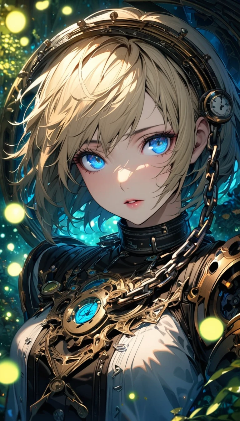 absurdres, highres, ultra detailed, HDR, master piece, best quality, extremely detailed face and eyes, perfect face, beautiful eyes, Aegis, expressive blue eyes, blond short hair, Persona 3, solo, woman, extremely beautiful, pretty, clock mechanical moon, fantasy, chains, fireflies, in wonderland