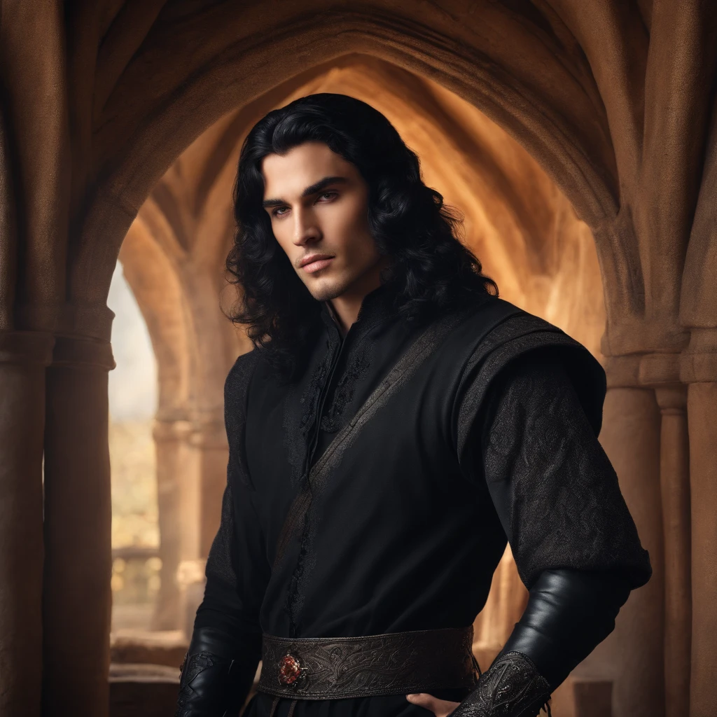 Make a young man with long black hair in a black outfit in medieval and Nordic style