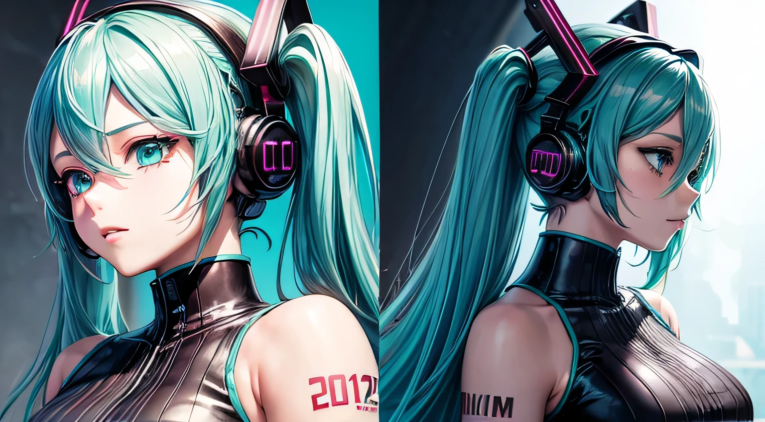 Vocaloid,
Hatsune Miku,
Cyberpunk costumes,
muscle training,
detailed facial expressions,
detailed description of facial expressions, detailed description of eyes,
detailed description of the outfit,
detailed description of upper body,
Big ,