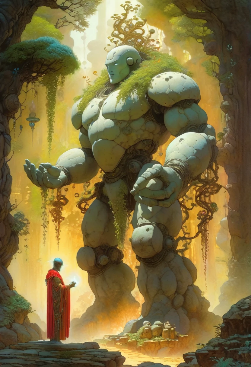 (best quality,4k,8k,highres,masterpiece:1.2),ultra-detailed,(realistic,photorealistic,photo-realistic:1.37),golem, made of white marble, alchemy, hermeticism,ancient,weathered stone,meticulously carved,tangled vines,dark forest,exquisite fungi,small magical creatures,kodama, small forest spirits,(A golem is holding a bunch of little spirits on his open palms),(some spirits are dancing on the golem's palms, other are climbing the golem's shoulder),dappled sunlight,shadows and light,subtle gradients,rich earthy colors,concept art inspired by Jean Giraud Moebius,ethereal glow,elaborate inscriptions,symbols of mystery and alchemy,mystical fog,solemn expression,eyes glowing with red light,steampunk accents,gear-shaped designs,magic emanating from its core,protective guardian,imposing stature,ominous aura,secrets of the universe,harnessing the power of nature,ancient wisdom emerging from nature's embrace,transcendence of life and death,magical aura radiating from within., Yoshitaka Amano style