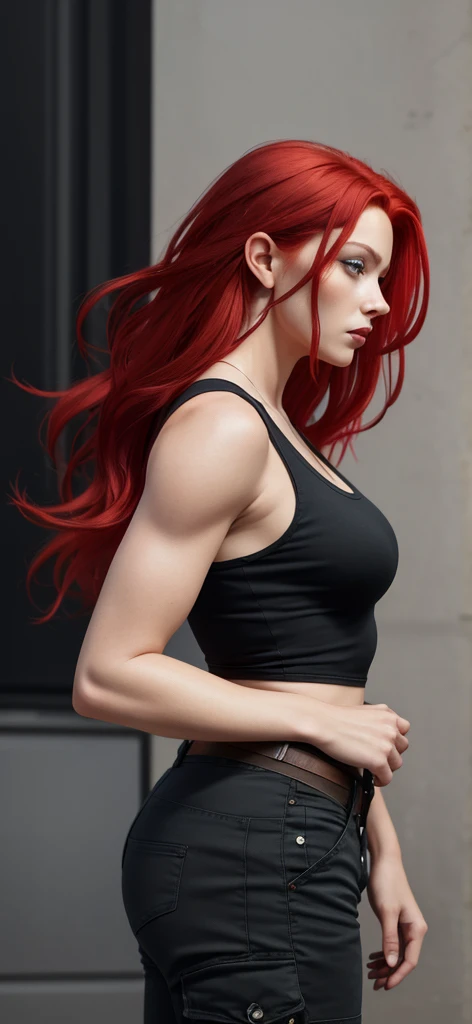 8k resolution masterpiece)) 

1woman, full body art, hyper realistic , Young adult, blue eyes, long blood red hair,defined dody, slim toned, light skin, casual expression, black tank top, black cargo pants,((best quality)), ((masterpiece)), (detailed), perfect face, 1woman, ((side view)), defined features, older woman, ((late20's)), tall , blood red hair, ((cold expression)), long blood ret hair, ((full body art)) ((8K masterpiece)) ((perfect resolution)), perfect face ((Dutch angle)) 
