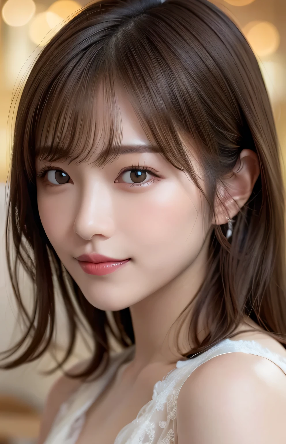 (highest quality:1.5), (Realistic:1.5), (1 person:1.5), Leaning forward, Very detailed, Are you okay, High resolution, 8k wallpaper, Perfect dynamic composition, Upper Body, Small breasts, Natural color lips, Cute Smile, Japanese women, 20-year-old girl, Beautiful and elegant face, Perfect and beautiful face, beautiful eyes, Big eyes, Brunette's eyes, Beautiful and elegant face, Perfect and beautiful double eyelids, Natural Bangs, Beautiful thin nose, Beautiful Skin, chestnut brown hair, Medium Bob Hair, Shortcuts, Natural Bangs, Perfect and beautiful face, Slim face and figure, (looking at the camera), Bright lighting, Professional Lighting, front lighting, Natural smile, church, Mermaid wedding dress, tiara, crop top navel

