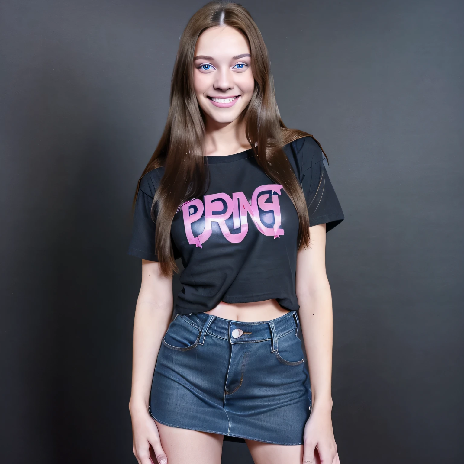 Full body smiling brunette woman with long straight hair and blue eyes, wearing a full black T-shirt and denim skirt, pink background