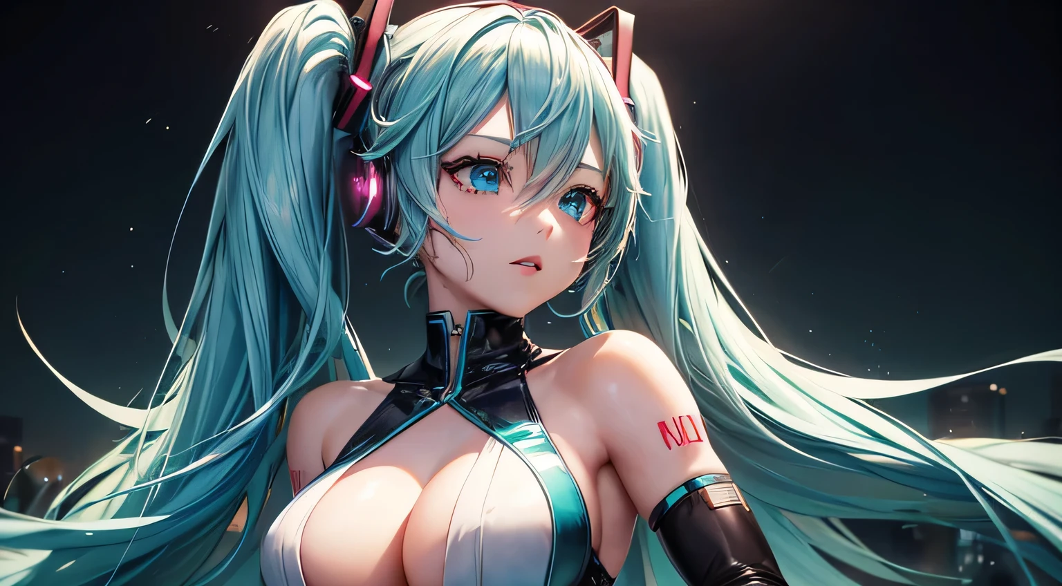 Vocaloid,
Hatsune Miku,
Cyberpunk costumes,
muscle training,
detailed facial expressions,
detailed description of facial expressions, detailed description of eyes,
detailed description of the outfit,
detailed description of upper body,
Big tits,