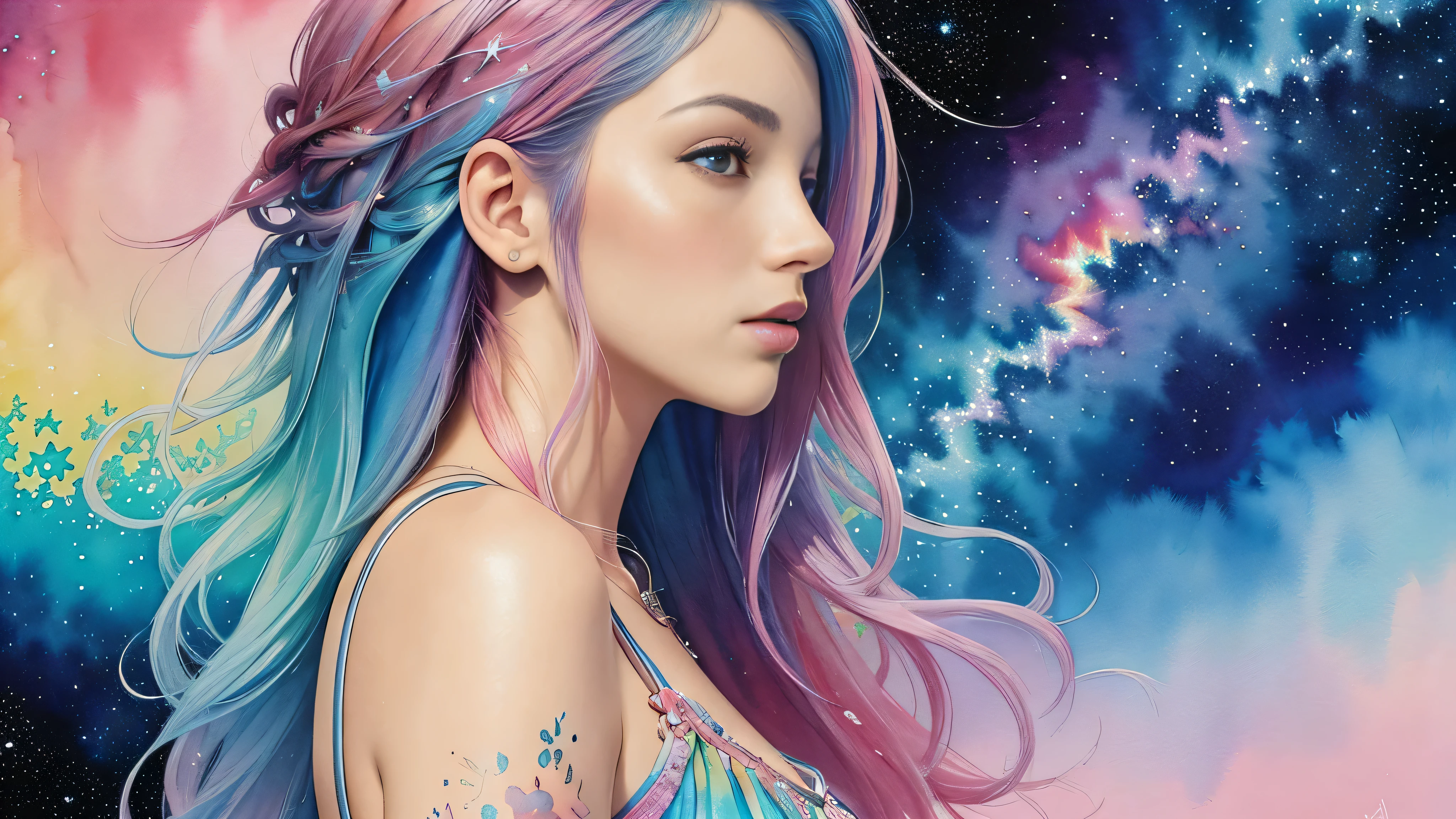 (masterpiece, top quality, best quality,watercolor (medium),official art, beautiful and aesthetic:1.2),(1girl:1.3), (fractal art:1.3),upper body, from side, looking at viewer,patterns,(rainbow color Hair,colorful hair,half blue and half pink hair:1.2),water,liquid, cloud,colorful, starry,stars,