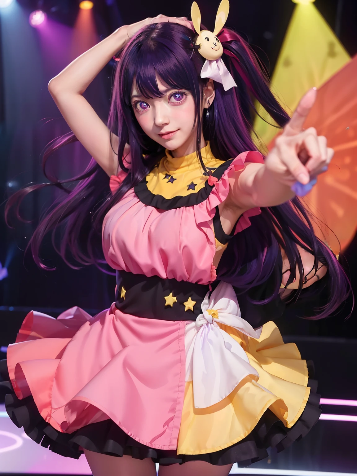 (One Girl,),Dancing,(((ai hoshino Dresses))),Six-pointed star in the eye,Microphone in right hand,((Colorful atmosphere)),Wink,(((Cute Style))),((saturated color)),(ai hoshino),Big eyes,Eyes of Fantasy,Purple Hair,Happy,hair accessory,((high quality)),touch pink and black dress,Anime Idol,