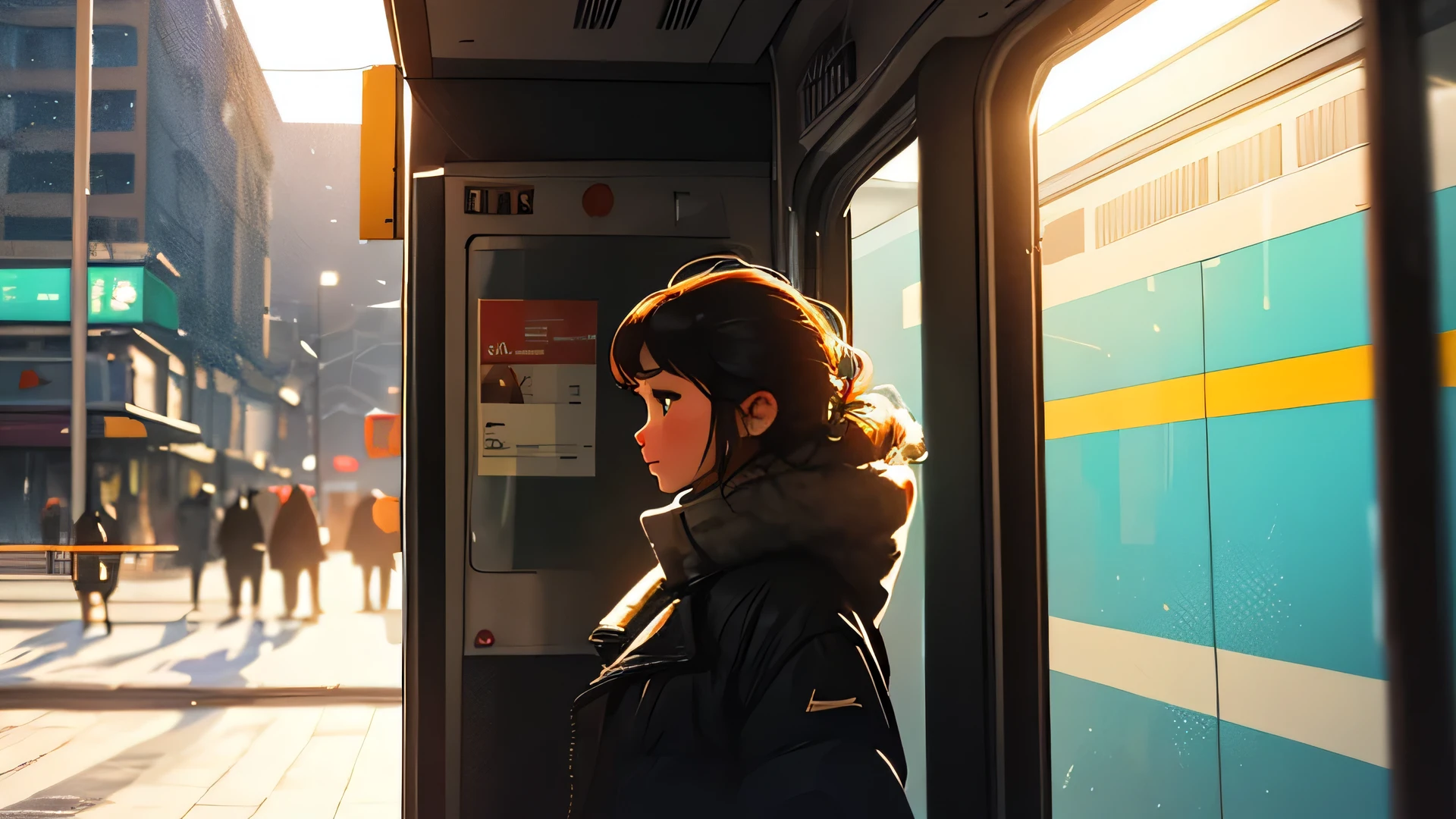 Beautiful red-haired girl with long wavy red hair riding the train, several people, artificial lighting, background a city seen through the train window --auto --s2