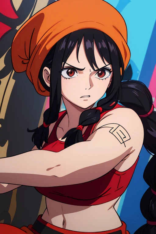 (best quality,4k,8k,highres,masterpiece:1.2),ultra-detailed,animated,girl,mature face,long black hair,brown eyes,hair in plaits,graffiti,girl,durag,cool girl,flat, fighting, angry, destroy, vivid color, smash and punch enemy, tonfa
