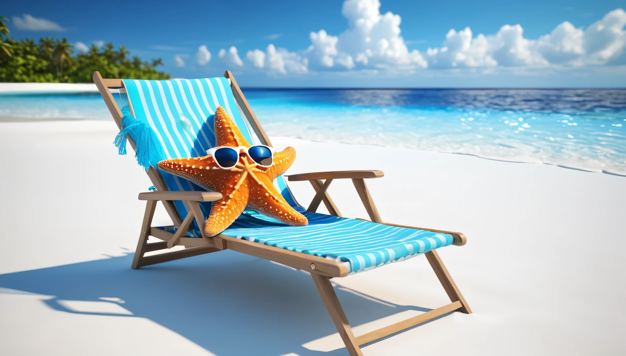 A personified starfish, dressed in fashionable sunglasses, leisurely lies on a beach chair sunbathing. Surrounded by clear blue seawater, the sky is as clear as a wash, and white clouds drift. The entire scene is filled with the freshness and comfort of summer, as if being in a luxurious vacation destination like Maldives.,16K,high resolution,unreal engine 5,full body,Award-winning,Best quality,UHD,HDR,Cinema4D,octane rendering,ultra-detailed,photorealistic,studio light