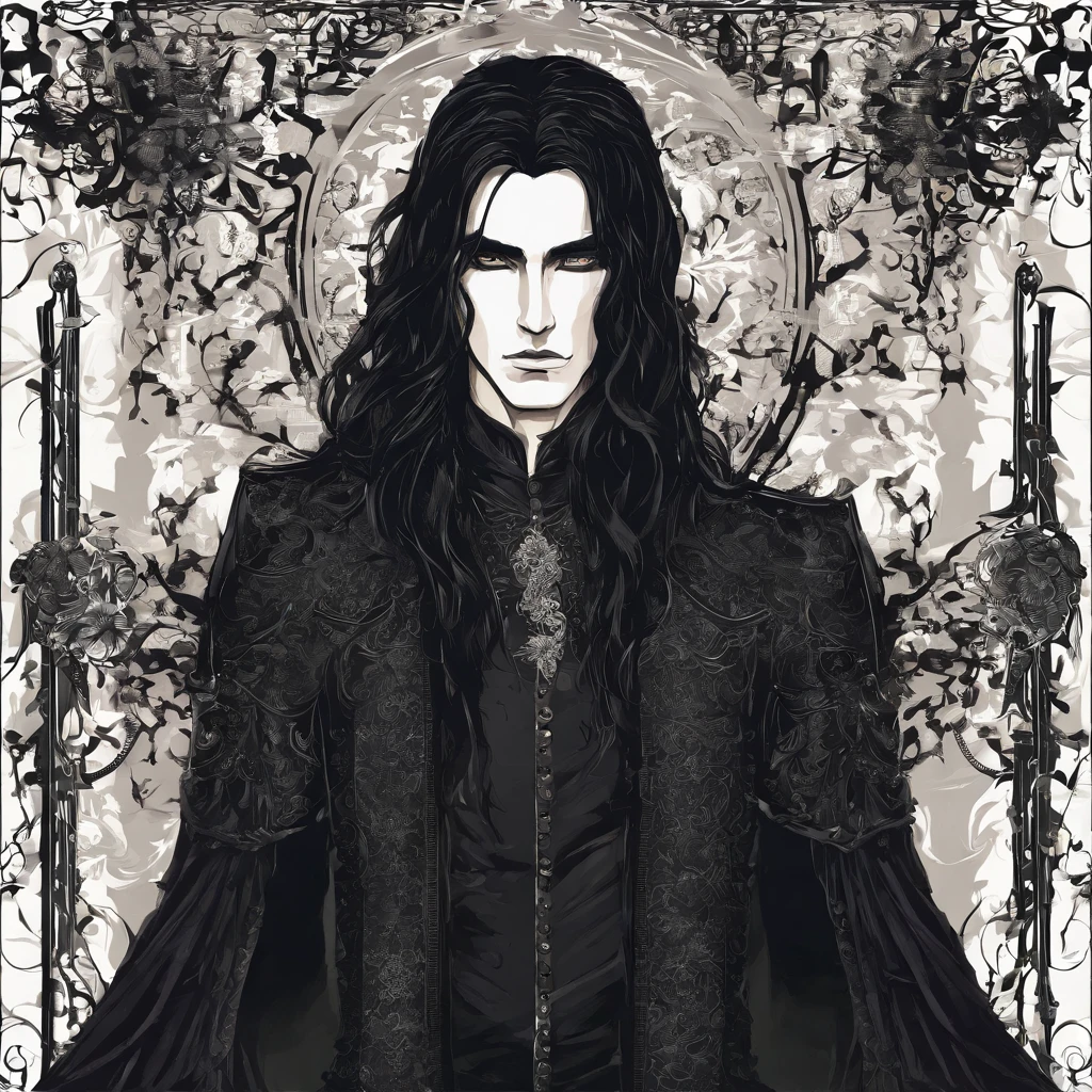 Make a young man with long black hair in a black outfit in Nordic style