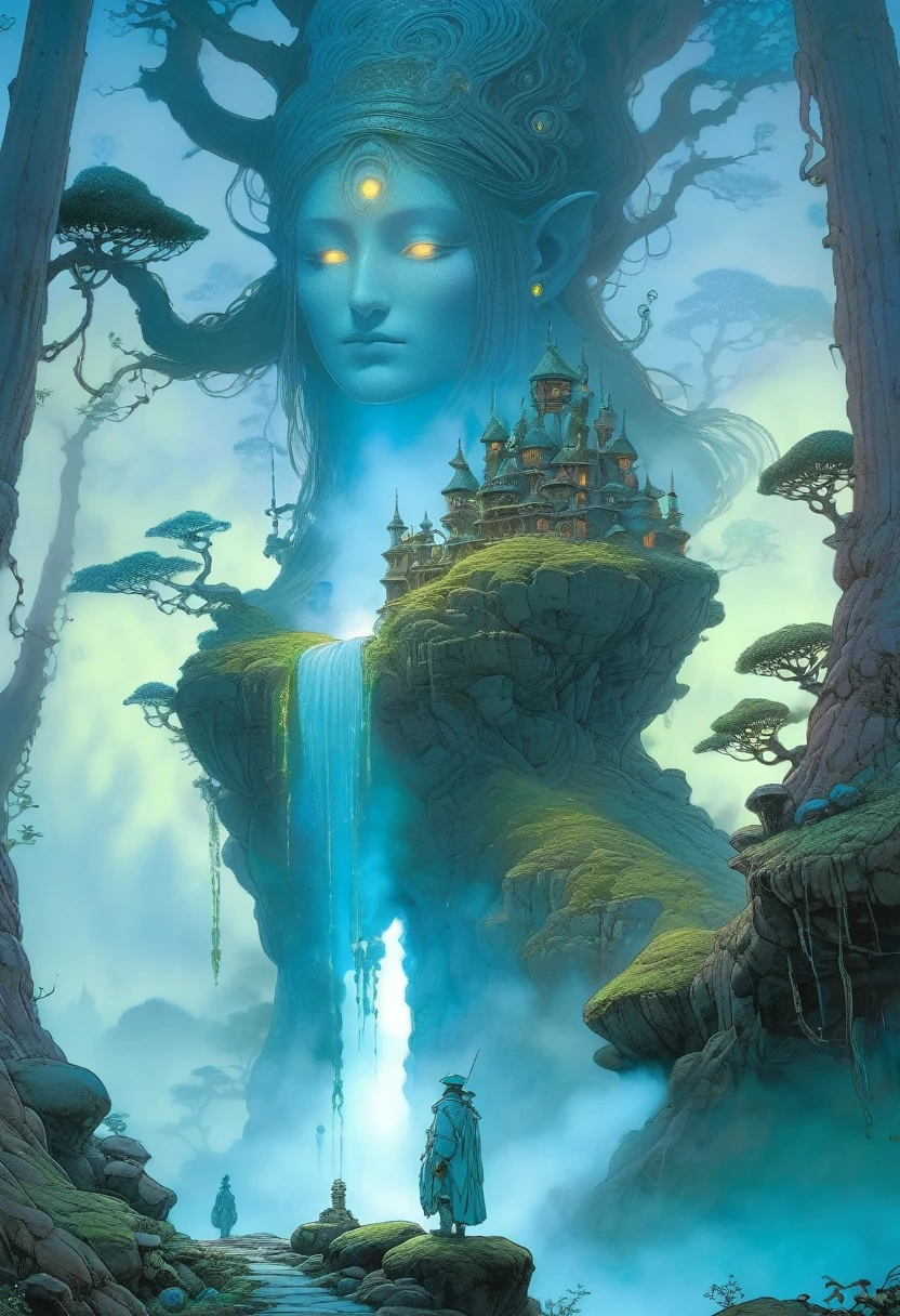 (best quality,4k,8k,highres,masterpiece:1.2),ultra-detailed,(realistic,photorealistic,photo-realistic:1.37),golem, made of bronze, alchemy, hermeticism,ancient,weathered stone,meticulously carved,tangled vines,dark forest,exquisite fungi,small magical creatures,kodama, small forest spirits,dappled sunlight,shadows and light,subtle gradients,rich earthy colors,concept art inspired by Jean Giraud Moebius,ethereal glow,elaborate inscriptions,symbols of mystery and alchemy,mystical fog,solemn expression,eyes glowing with pale blue light,(steampunk accents),gear-shaped designs,magic emanating from its core,protective guardian,imposing stature,ominous aura,secrets of the universe,harnessing the power of nature,ancient wisdom emerging from nature's embrace,transcendence of life and death,magical aura radiating from within., Yoshitaka Amano style