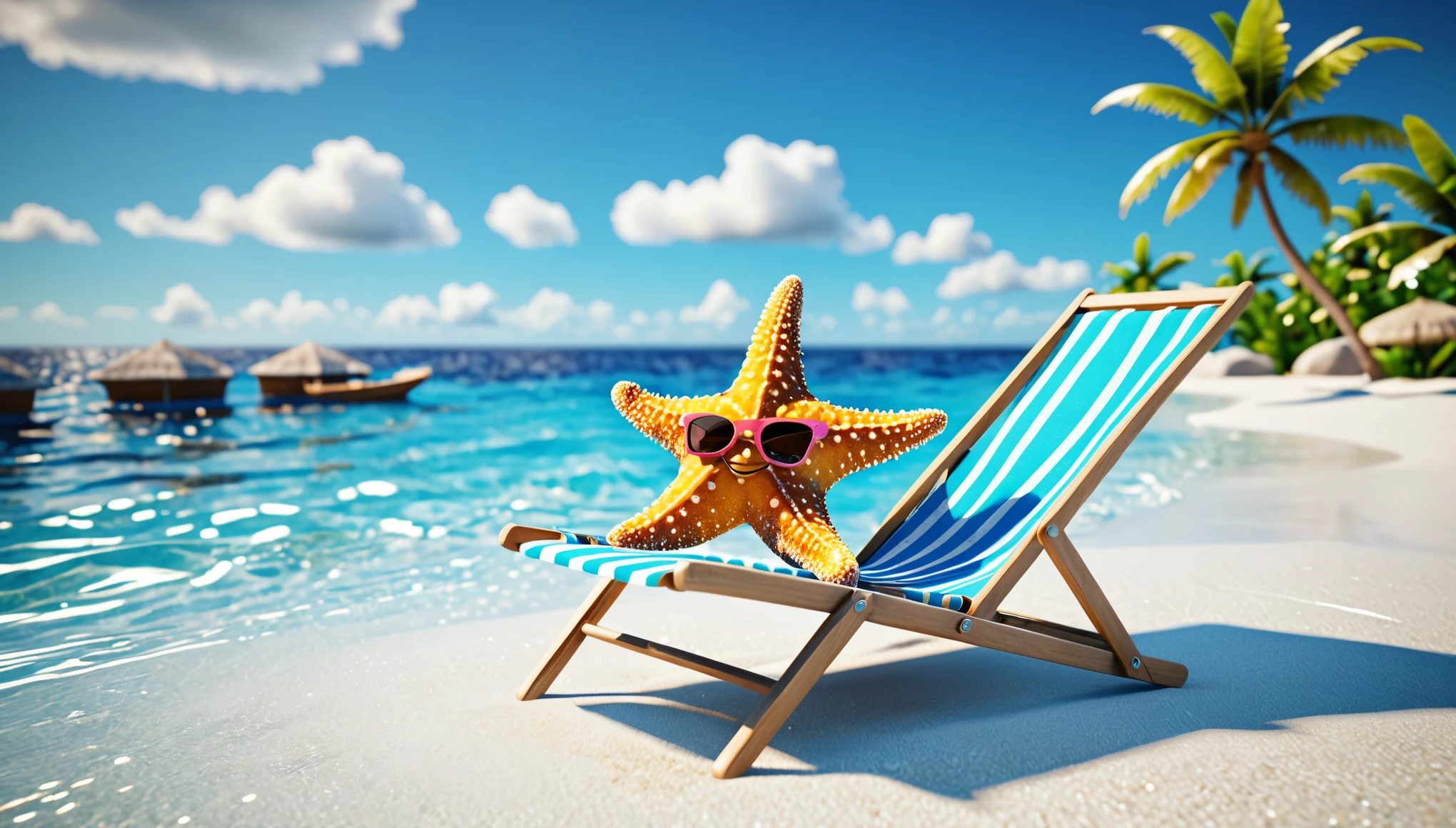 A personified starfish, dressed in fashionable sunglasses, leisurely lies on a beach chair sunbathing. Surrounded by clear blue seawater, the sky is as clear as a wash, and white clouds drift. The entire scene is filled with the freshness and comfort of summer, as if being in a luxurious vacation destination like Maldives.,16K,high resolution,unreal engine 5,full body,Award-winning,Best quality,UHD,HDR,Cinema4D,octane rendering,ultra-detailed,photorealistic,studio light