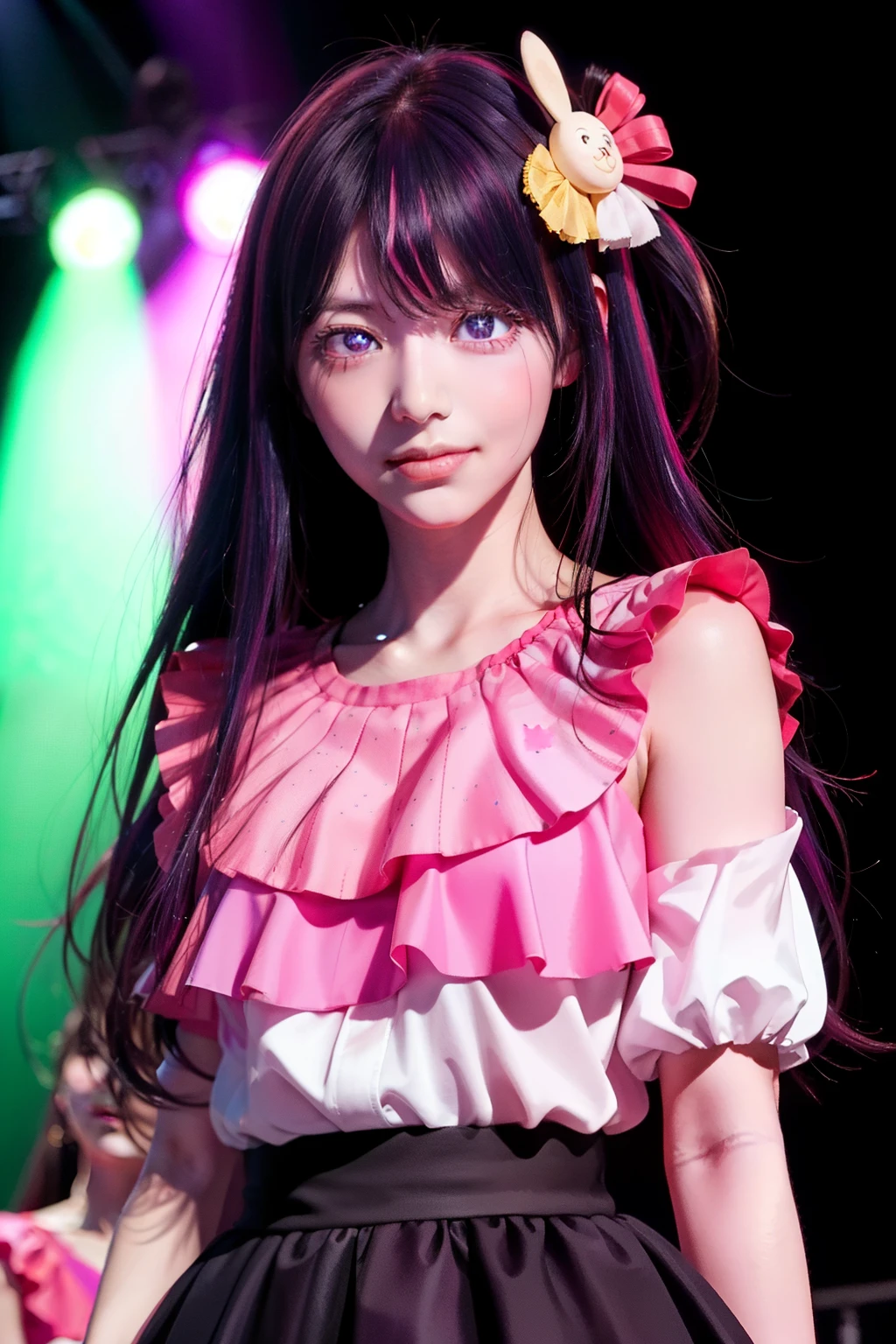 (masterpiece), highest quality, Expressive eyes, Perfect Face, High resolution, (8k), (Perfect Face), (Super detailed), Hoshino Ai, Long Hair, Purple Hair, Striped Hair ,Purple eyes, Star-shaped pupils, hair ornaments, Frills, Pink Boots, pink shirt, smile, No sleeve, shirt, Idol, illumination, Colorful, Concert atmosphere, Are standing, Upper Body, Portraiture, Stage Background, Pause, Looking at the audience,