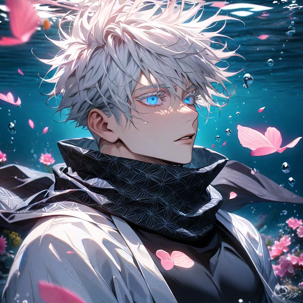 Ultra detailed, Highres, HDR, absurdres, Gojou Satoru, white hair with bangs, blue eyes, black scarf, white haori with patterns, white eyelashes, black tight shirt, sexy man, extremely handsome, solo, very detailed face and eyes, Jujutsu Kaisen, pink butterflies, petals, pink flowers, underwater, bubbles,