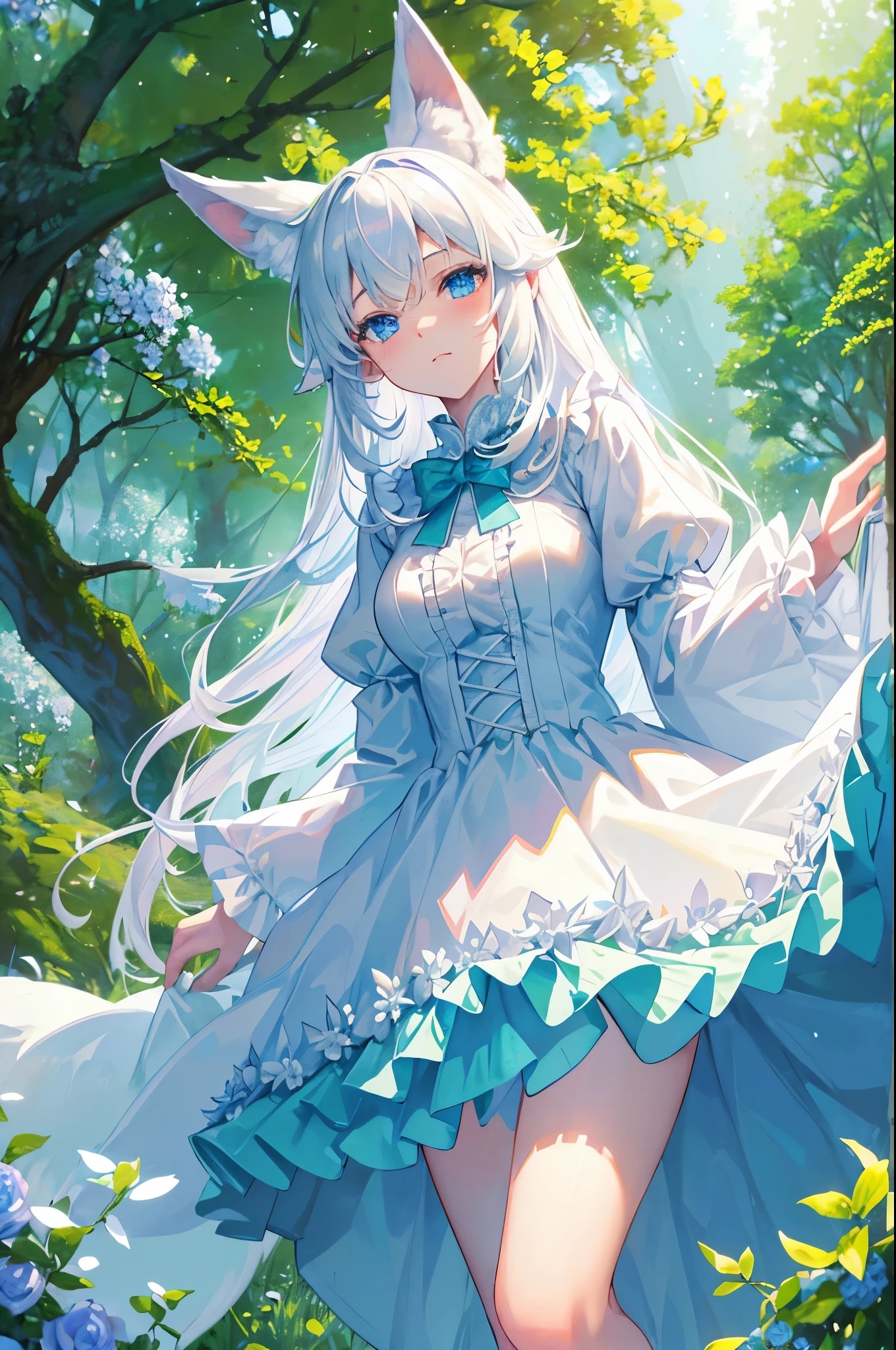 best quality, super fine, 16k, incredibly absurdres, extremely detailed, cute white wolf beast girl, big ears, iridescent blue eyes, wearing cute frilly dress with white frills, background flowers in full bloom, fresh green forest, and sparkling sunlight