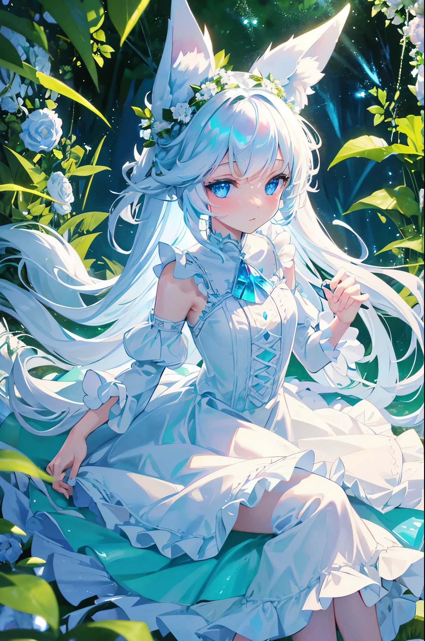 best quality, super fine, 16k, incredibly absurdres, extremely detailed, cute white wolf beast girl, big ears, iridescent blue eyes, wearing cute frilly dress with white frills, background flowers in full bloom, fresh green forest, and sparkling sunlight