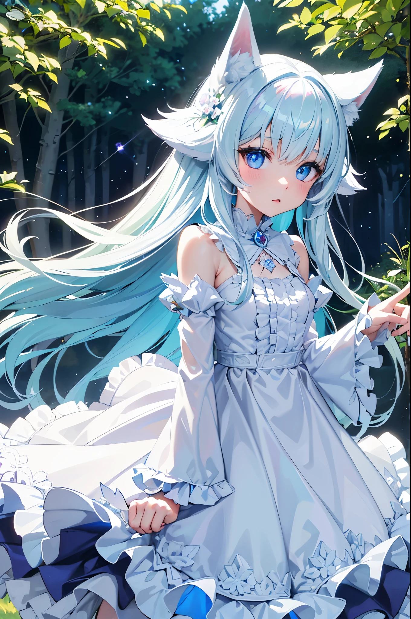 best quality, super fine, 16k, incredibly absurdres, extremely detailed, cute white wolf beast girl, big ears, iridescent blue eyes, wearing cute frilly dress with white frills, background flowers in full bloom, fresh green forest, and sparkling sunlight
