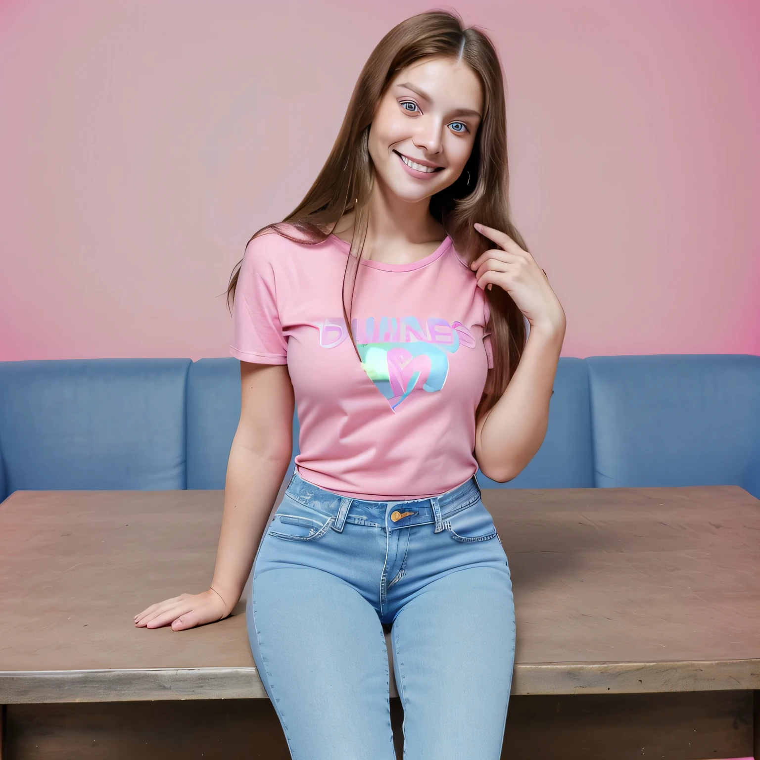 Full body smiling brunette woman with long straight hair and blue eyes, wearing a full pink T-shirt and denim pants, sitting on a table, pink background