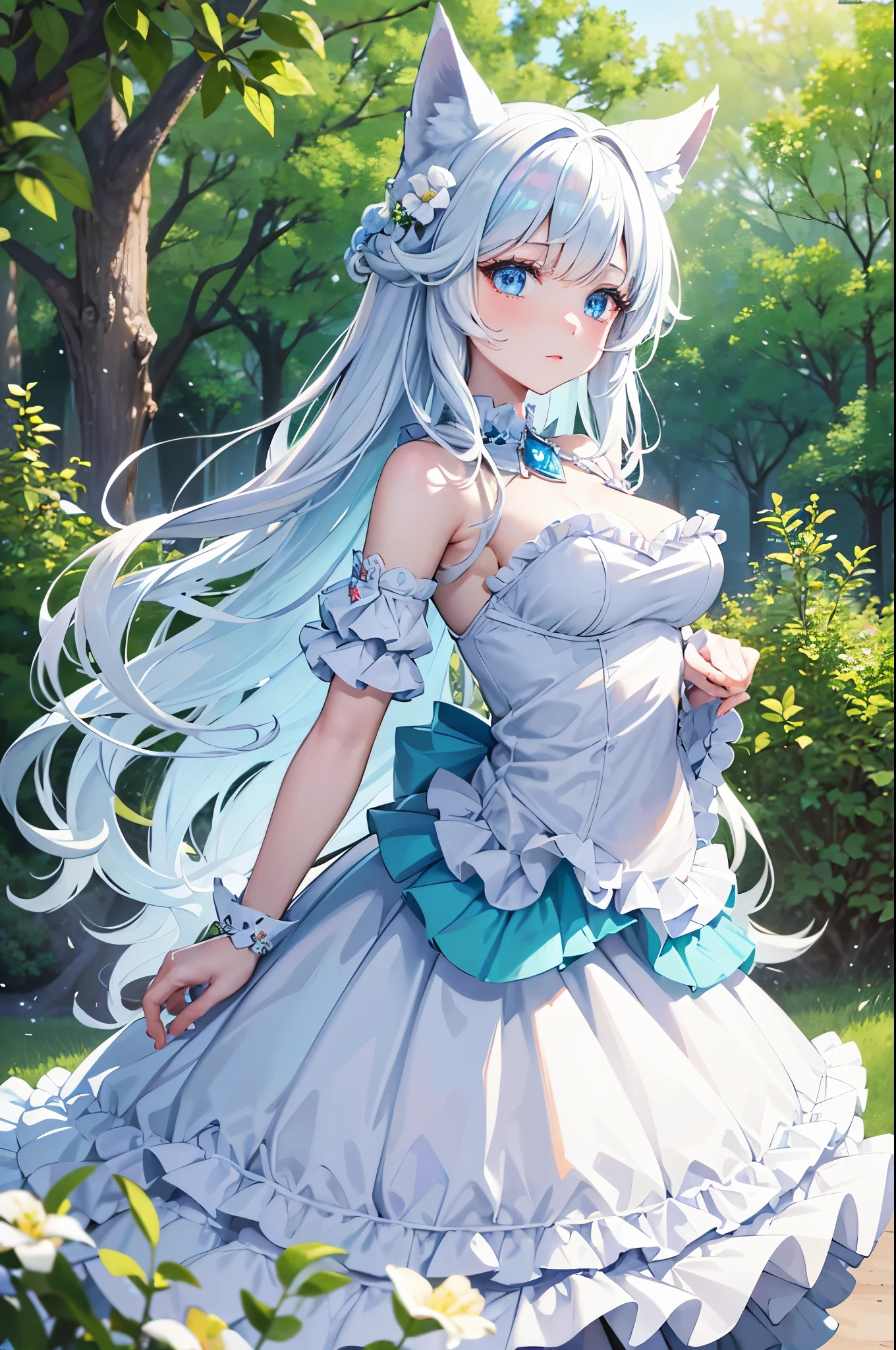 best quality, super fine, 16k, incredibly absurdres, extremely detailed, cute white wolf beast girl, big ears, iridescent blue eyes, wearing cute frilly dress with white frills, background flowers in full bloom, fresh green forest, and sparkling sunlight