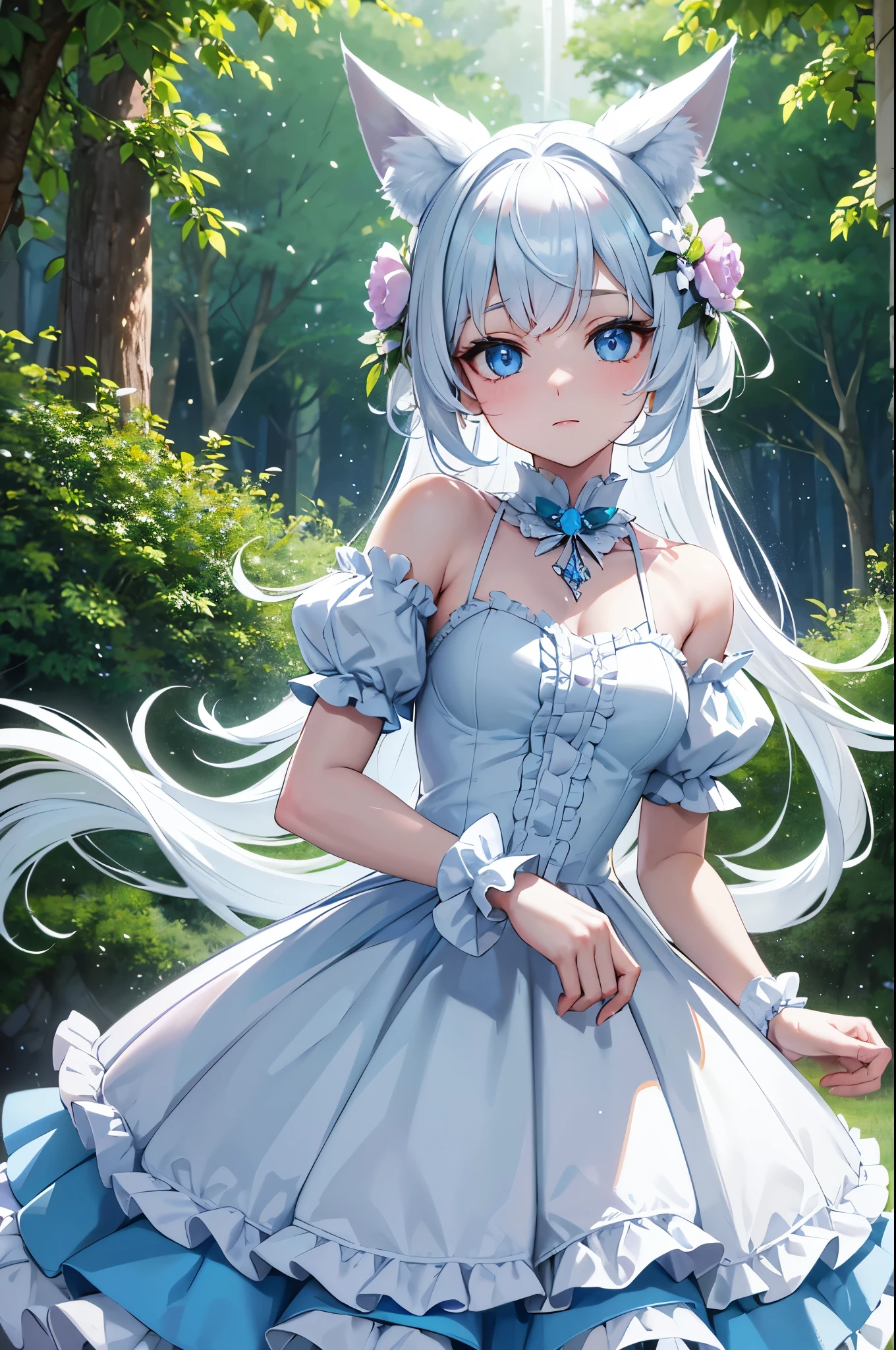 best quality, super fine, 16k, incredibly absurdres, extremely detailed, cute white wolf beast girl, big ears, iridescent blue eyes, wearing cute frilly dress with white frills, background flowers in full bloom, fresh green forest, and sparkling sunlight