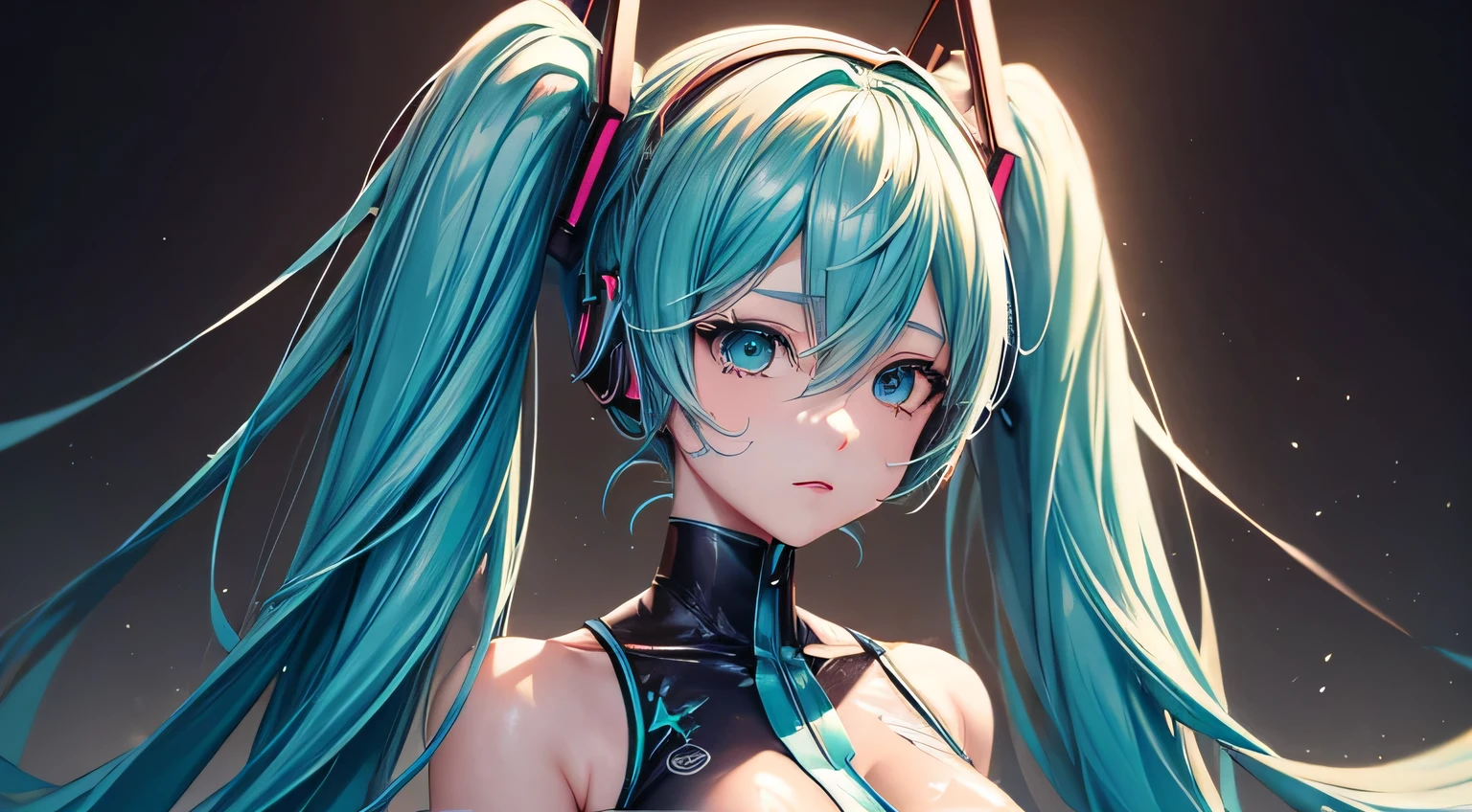 Vocaloid,
Hatsune Miku,
Cyberpunk costumes,
muscle training,
detailed facial expressions,
detailed description of facial expressions, detailed description of eyes,
detailed description of the outfit,
detailed description from the waist up,
Super high level big tits,
