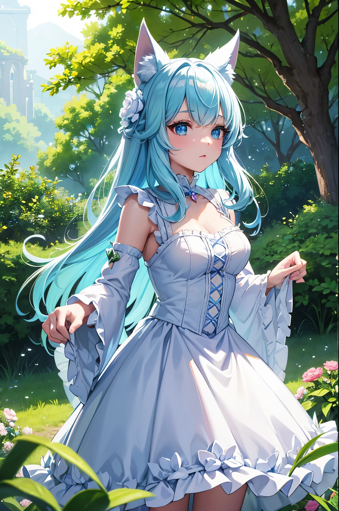 best quality, super fine, 16k, incredibly absurdres, extremely detailed, cute white wolf beast girl, big ears, iridescent blue eyes, wearing cute frilly dress with white frills, background flowers in full bloom, fresh green forest, and sparkling sunlight