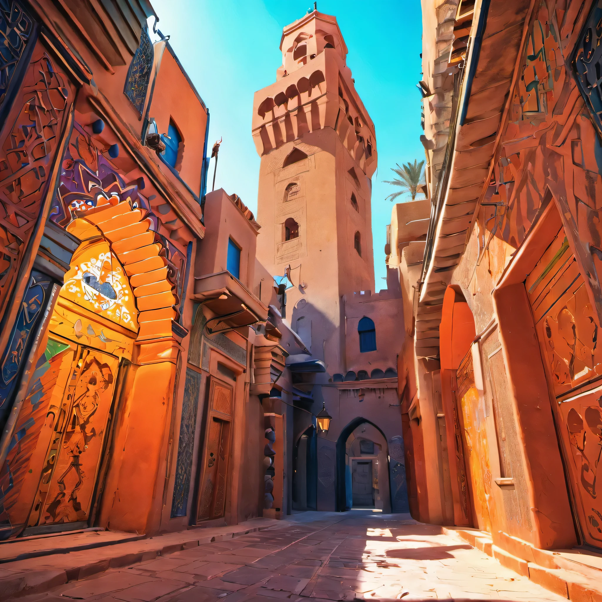 arafed alley with a blue and orange building and a clock tower, futuristic marrakech morocco, colorful city in ancient egypt, futuristic marrakech, colorful ancient egyptian city, arabic architecture, moroccan mosque, moroccan city, colorful architecture, marrakech, brightly colored buildings, moroccan, colorful buildings, morocco, colorful building, ocher and turquoise colors, moorish architecture, details and vivid colors