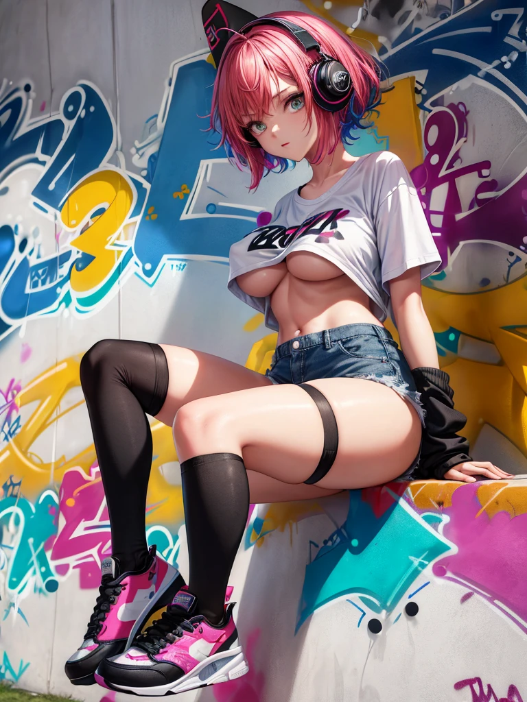 (graffiti:1.5), Young woman, 16 years, short hair, spray paint on the body, spray paint on the wall, Graffiti wall, multicolored hair, underpants, stockings, stockings in plaid, breast, breast объемная, Short shirt, T-shirt to half chest, breast on half of the shirt, Skate, board, headphones, видна breast, breast big round, nipples, protruding breast nipples, nipples торчат, sneakers, sneakers, shoes, sports figure, clitoris, clitoris через underpants,  8K, detailing, high quality, High detailing, 