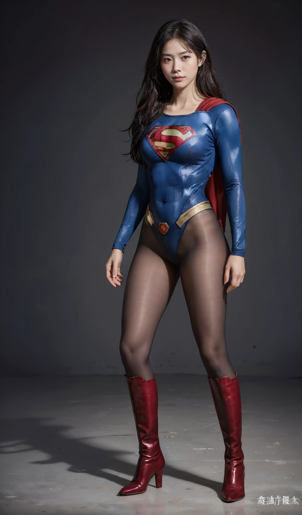 No background、(((Beautiful legs in black tights.)))、(((Legally express the beauty of your smile)))、((((Make the most of your original images)))、(((Supergirl Costume)))、(((Beautiful Hair)))、(((suffering)))、(((Please wear black tights....、Wear red boots)))、((Best image quality、8K))、((highest quality、8K、masterpiece:1.3))、(((Preserve background )))、Sharp focus:1.2、Beautiful woman with perfect figure:1.4、Thin abdominal muscles:1.2、Wet body:1.5、Highly detailed face and skin texture、8K