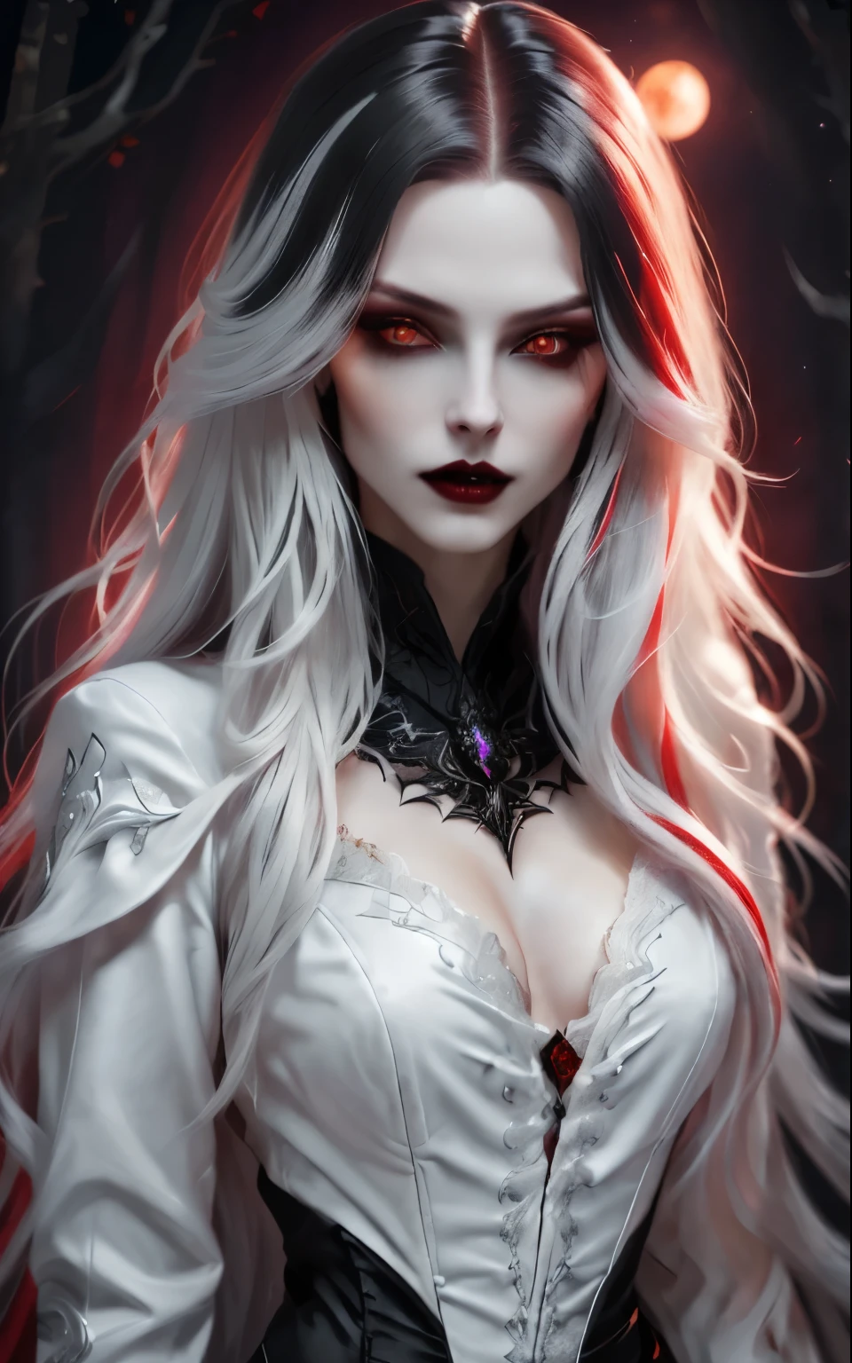 (best quality,4k,8k,highres,Meisterwerk:1.2),Ultra-detailliert,(realistisch,photorealistisch,photo-realistisch:1.37),Gothic Style, dark atmosphere, dunkle Schatten, unheimlich, Haunting beauty, Vampire Girl, rote Augen, Blasse Gesichtsfarbe, long hair with red streaks ,langes, flowing dress, Nachtszene, Mysterious moonlight ,Ein Hauch von Blutrot, Dark and mysterious, Farbpalette: deep black and strong violet, dramatische Beleuchtung, ethereal and supernatural presence, visible vampire teeth, blutrote Lippen, right arm visible,