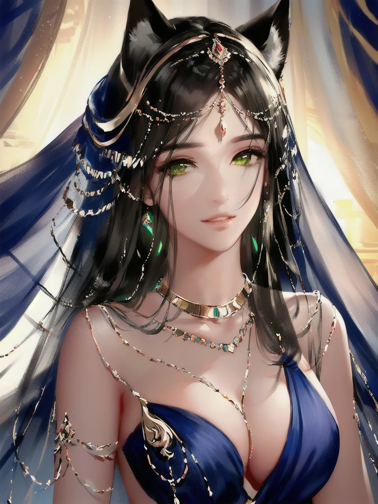 very good illustration, High detail, dynamic angle, beautiful detailing,2D, (Best quality, masterpiece, Beauty, tenderness), Anime, Highly detailed face, very detailed eyes, very detailed background, Ideal lighting, Whole body, 1 girl, One, (Very detailed cat ears), (Very detailed ears behind the hair)? Goddess Bastet, Ancient Egypt \(Очень подробный Ancient Egyptian\), Very detailed clothes, green eyes, Finely detailed eyes, ears covered with hair, (Very detailed background)