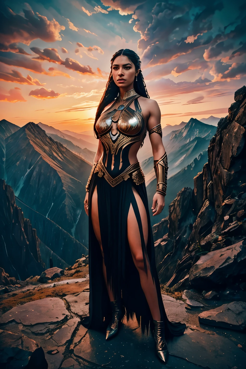 white head black eagle, woman wearing eagle feathers, metallic feathers, armor, full body, muscular girl, intricate art masterpiece, sinister matte painting, movie poster, golden ratio, trending on cgsociety, intricate epic trending on artstation by artgerm h. r. giger and beksinski, highly detailed, vibrant, representation of production movie characters, ultra high quality model, beautiful full body girl accompanied by eagle, she is in the high mountains, waterfall, red clouds at sunset, watercolor style, very long and braided black hair, girl on the mountain behind the distant valley,