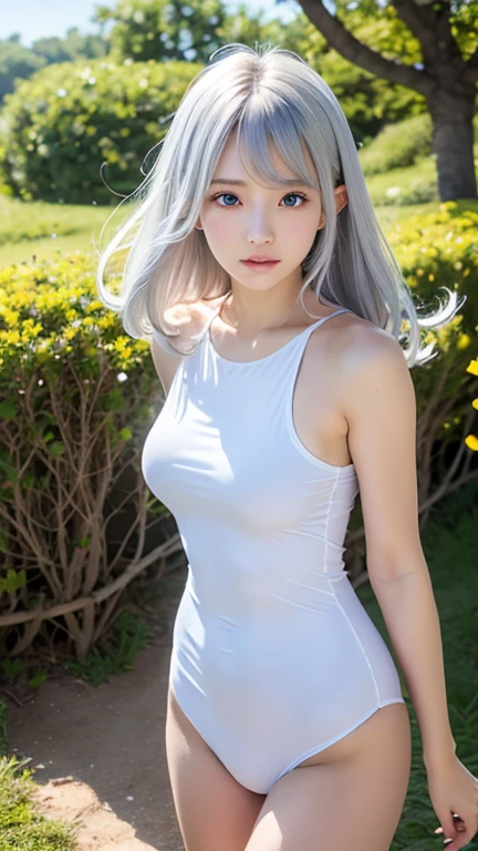 There are women with long gray hair, A simple white one-piece dress worn by an elf, Real life anime girls, Perfect white hair girl, Anime Girl Cosplay, Photorealistic Animation, a Surreal , Realistic Anime 3D Style, Realistic young anime girl, Ultra realistic anime, White Hair Girl, Photorealistic Animation girl render, Beautiful anime school girl, Surreal , Fantastic beautiful forest background with blooming flowers