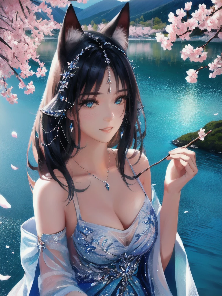 anime style, super fine illustration, highly detailed, dynamic angle, beautiful detailed, 8k, A girl is impressed by the cherry blossoms in Fuji-Hakone Izu National Park and the blue sky by the lakeside with Mt. Cherry blossom petals are dancing in the wind, the surface of the lake is calm, and the girl's expression is sincerely moved by the beauty of nature. very good illustration, High detail, dynamic angle, beautiful detailing,2D, (Best quality, masterpiece, Beauty, tenderness), Anime, Highly detailed face, very detailed eyes, very detailed background, Ideal lighting, Whole body, 1 girl, One, (Very detailed cat ears), (Very detailed ears behind the hair), Finely detailed eyes, ears covered with hair, (Very detailed eyes)