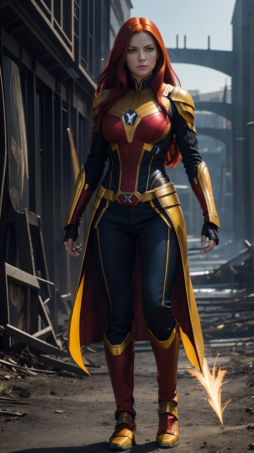 [best quality,ultra-detailed,realistic,photorealistic:1.37],jean grey x men 97 ,red-haired warrior with yellow eyes,standing,full-length photo,feet on the ground, wearing a black and gold jean grey x men 97 armor.
