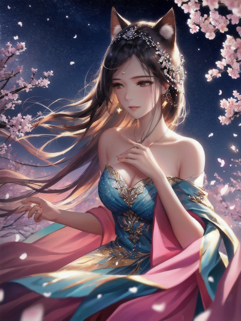 anime style, super fine illustration, highly detailed, dynamic angle, beautiful detailed, 8k, On a spring night, the cherry trees illuminated by the city lights are quietly shining. BREAK A woman stands still, captivated by the beautiful scene, watching the cherry blossoms flutter down. BREAK Her expression tells of her heartfelt admiration for the arrival of spring and the beauty of the cherry blossoms. very good illustration, High detail, dynamic angle, beautiful detailing,2D, (Best quality, masterpiece, Beauty, tenderness), Anime, Highly detailed face, very detailed eyes, very detailed background, Ideal lighting, Whole body, 1 girl, One, (Very detailed cat ears), (Very detailed ears behind the hair), Finely detailed eyes, ears covered with hair,