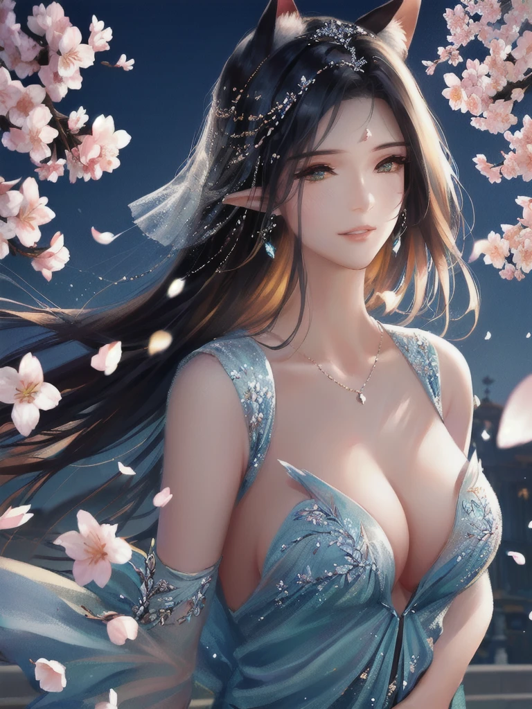 anime style, super fine illustration, highly detailed, dynamic angle, beautiful detailed, 8k, On a spring night, the cherry trees illuminated by the city lights are quietly shining. BREAK A woman stands still, captivated by the beautiful scene, watching the cherry blossoms flutter down. BREAK Her expression tells of her heartfelt admiration for the arrival of spring and the beauty of the cherry blossoms. very good illustration, High detail, dynamic angle, beautiful detailing,2D, (Best quality, masterpiece, Beauty, tenderness), Anime, Highly detailed face, very detailed eyes, very detailed background, Ideal lighting, Whole body, 1 girl, One, (Very detailed cat ears), (Very detailed ears behind the hair), Finely detailed eyes, ears covered with hair,