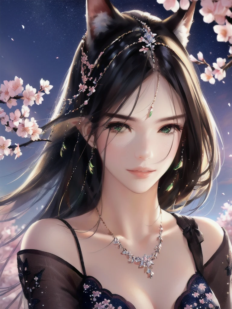 anime style, super fine illustration, highly detailed, dynamic angle, beautiful detailed, 8k, On a spring night, the cherry trees illuminated by the city lights are quietly shining. BREAK A woman stands still, captivated by the beautiful scene, watching the cherry blossoms flutter down. BREAK Her expression tells of her heartfelt admiration for the arrival of spring and the beauty of the cherry blossoms. very good illustration, High detail, dynamic angle, beautiful detailing,2D, (Best quality, masterpiece, Beauty, tenderness), Anime, Highly detailed face, very detailed eyes, very detailed background, Ideal lighting, Whole body, 1 girl, One, (Very detailed cat ears), (Very detailed ears behind the hair), Finely detailed eyes, ears covered with hair,