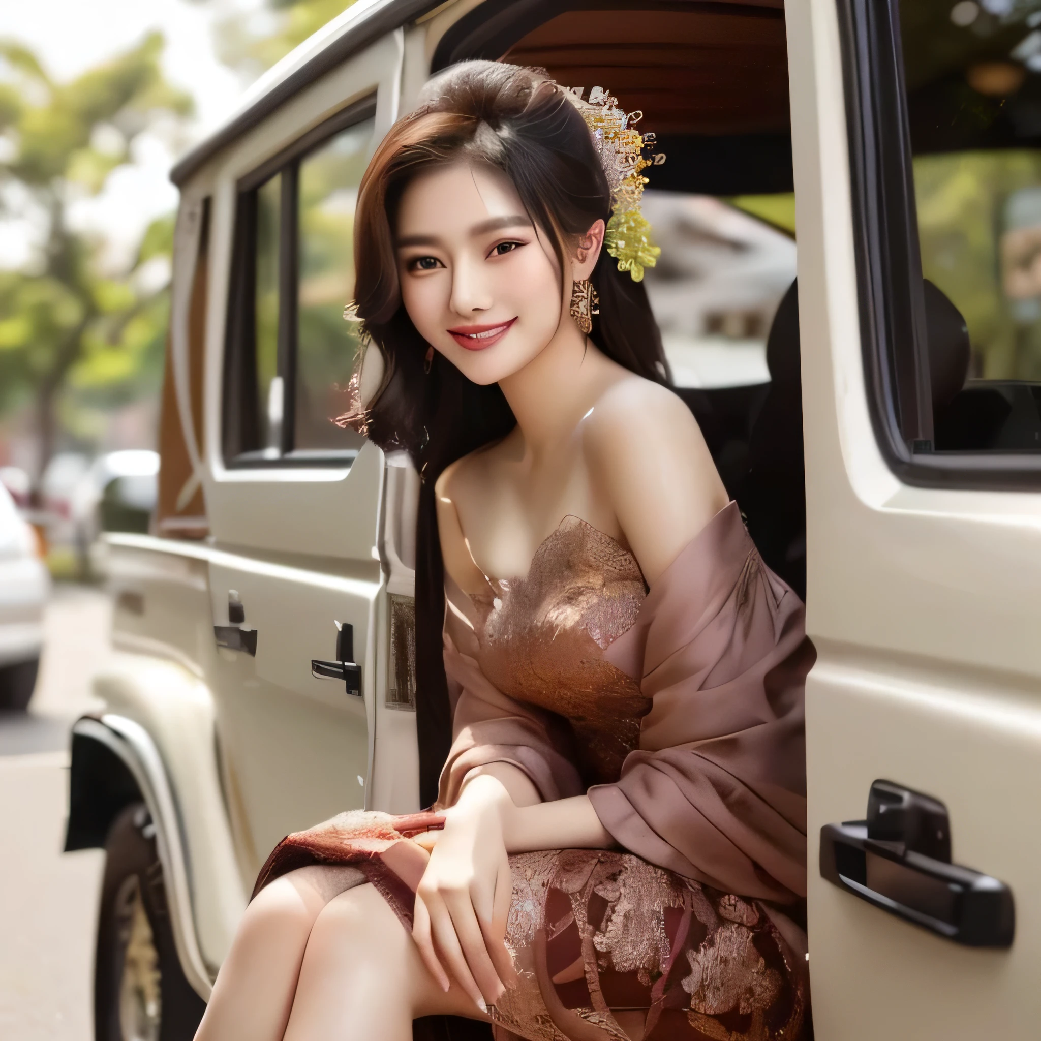 araffe woman sitting in the open door of a car, cute woman, lovely woman, in lace brown dress, beautiful asian girl, traditional beauty, gorgeous lady, beautiful woman, cute:2, beautiful asian woman, gorgeous woman, elegant smiling pose, cute elegant pose, beautiful and smiling, mai anh tran, with a seductive smile, beautiful girl model