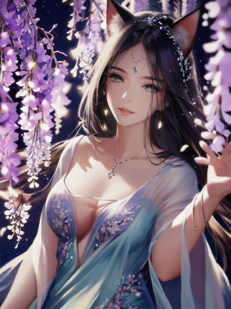 anime style, very fine illustration, high detail, dynamic foreshortening, great detail, 8k, Wisteria trees quietly shine on a spring night, illuminated by city lights. BREAK The woman stands motionless, fascinated by the beautiful scene, watching the wisteria flowers fall. The expression on her face says that she is sincerely delighted with the arrival of spring and the beauty of the flowering wisteria. very good illustration, High detail, dynamic angle, beautiful detailing,2D, (Best quality, masterpiece, Beauty, tenderness), Anime, Highly detailed face, very detailed eyes, very detailed background, Ideal lighting, Whole body, 1 girl, One, (Very detailed cat ears), (Very detailed ears behind the hair), Finely detailed eyes, ears covered with hair,