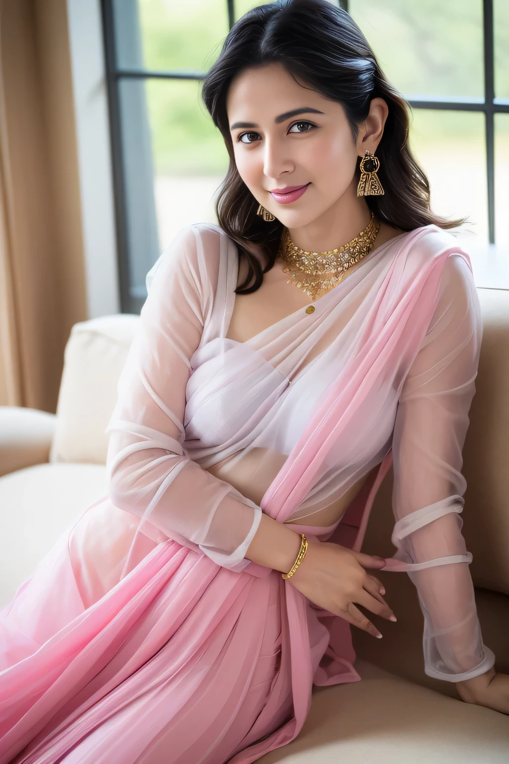 Pixie haircut indian lady, Wear pink elegant transparent saree sitting, gorgeous royal, ((setting on the green sofa)), naughty smile, one eye open, ((reading book)), concentration in books,((book in one hand)), ((in the living room)), near the balcony, (((Katrina kaif:1.2))), portrait of a beautiful Indian woman, From Golden Skin, 27 years old, Pretty woman, Indian model, (in pink elegant transparent saree:1.5),((wearing see through saree:1.3)), (elegant saree:1.3),(((transparent micro saree))), ((long hair)) (Slim abdomen), (Perfect slim figure), Solo, (Slim:1.1), 1 woman, Indian clothes,(( long sleeve dress)),((saree with open pallu)), thick lips, skindentation, parted lips, ulzzang-6500-v1.1, medium hair, smile, closed mouth, lips, saree covered with full body, detailed beautiful round eyes, Indian women, Asian women, Beautiful face, photorealistic, rim lighting, two-tone lighting, gold bracelet, thick lips, indentation, parted lips, (detailed eyes), light blonde hair, blue eye, details still clear, honey-coloured, fluffy turned, HDR, shallow depth of field, broad light, backlighting, bloom, light sparkles, chromatic aberration, sharp focus, (photorealistic:1.2), (realistic:1.5), (hyperrealistic:1.2), (light blonde hair), (blue eyes), ((big cheeks)), (medium breast:1.2), (detailed bright eyes:1.5), (smiling:1.3), (detailed long black hair), (thigh: 1.5), (realistic human skin:1.6), (full curvy body) (detailed eyes), (detailed facial features), (detailed clothes features), (necklace), (earrings), (bracelet), jewellery, gem, necklace, gold bracelet, anklets,(Photorealistic:1.4), (High Quality: 1.2), Raw photo, (Perfect body shape), Deep shadows, Unobtrusive, Cold light 12000K, Nikon Z 85mm, unparalleled masterpiece, ultra-realistic 8k photos, best quality masterpiece,