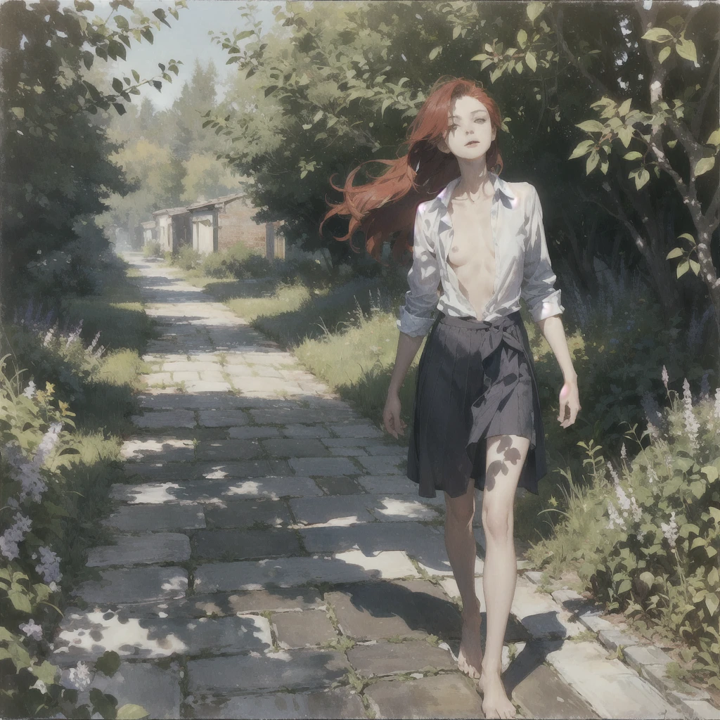 Beautiful slender thin exquisite (nude) girl 16 years old with a perfect face of the southern type with red hair with tender breasts with tender nipples barefoot with bare hips ((with red pubic hairs)) ((in an unbuttoned, open light shirt over his naked body and in a short light blue skirt)) walks along a brick road in the middle of a flowering field, in a gentle watercolor style, Discreet shades, sfumato, haze, diffused dim light, delicate mint shades, imitation of film photography, (olive and grape groves, Brick Road)