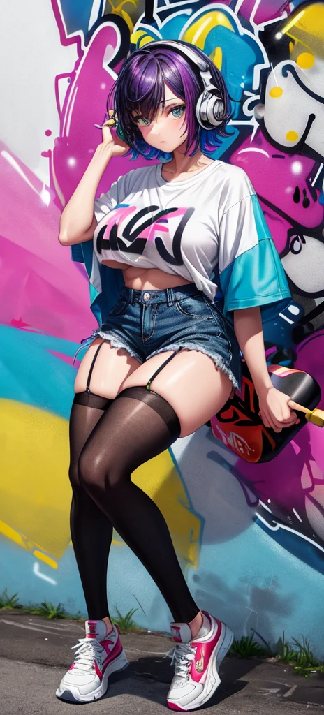 (graffiti:1.5), Young woman, 16 years, short hair, spray paint on the body, spray paint on the wall, Graffiti wall, multicolored hair, underpants, stockings, stockings in plaid, breast, breast объемная, Short shirt, T-shirt to half chest, breast on half of the shirt, Skate, board, headphones, видна breast, breast big round, nipples, protruding breast nipples, nipples торчат, sneakers, sneakers, shoes, sports figure, clitoris, clitoris через underpants, 8K, detailing, high quality, High detailing,