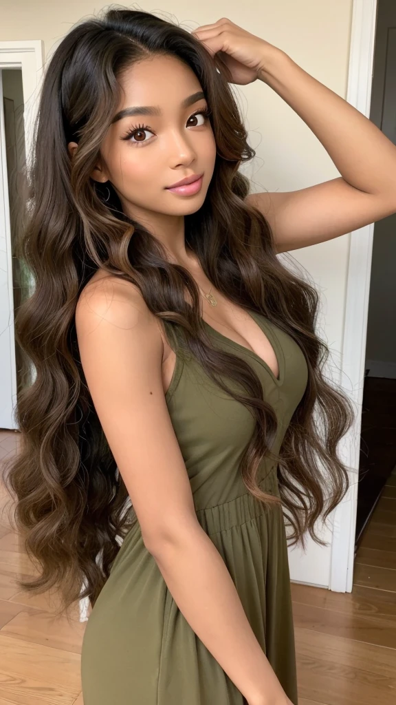 Best quality, beautiful blasian mixed woman,olive skin, long curly hair, natural face, no makeup