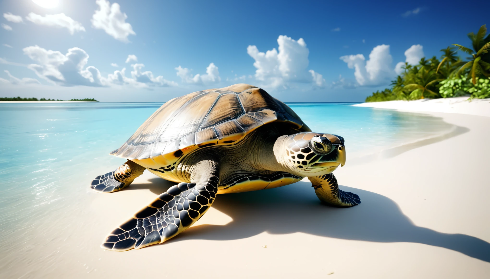 On a peaceful Maldives beach, a turtle and a rabbit are engaged in a thrilling and thrilling race. The soft white sand splashed under their feet, forming a beautiful curve. The seawater is clear and sparkling, as if welcoming this game. The sky is as blue as a wash, with a few leisurely white clouds drifting by, adding a touch of dreamy atmosphere to the entire scene. The summer heat waves hit me, but the gentle breeze blew by, making me feel cool and pleasant. This scene is full of vitality and harmony, making one feel refreshed and happy.,16K,high resolution,unreal engine 5,full body,Award-winning,Best quality,UHD,HDR,Cinema4D,octane rendering,ultra-detailed,photorealistic,studio light