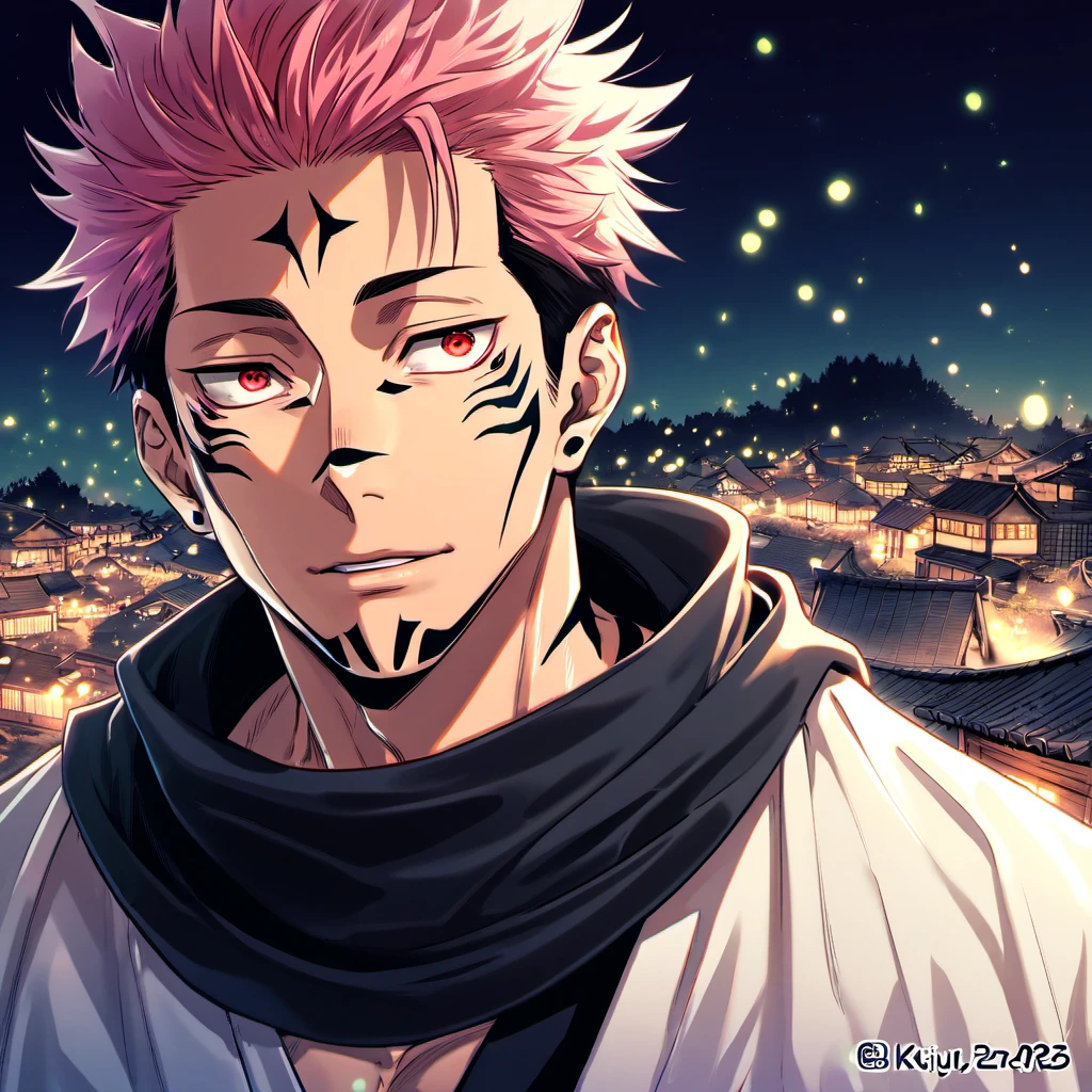 Ultra detailed, Highres, HDR, absurdres, Ryomen Sukuna, pink hair, red eyes, black scarf, white kimono, sexy man, extremely handsome, solo, very detailed face and eyes, Jujutsu Kaisen, fireflies, night, village,