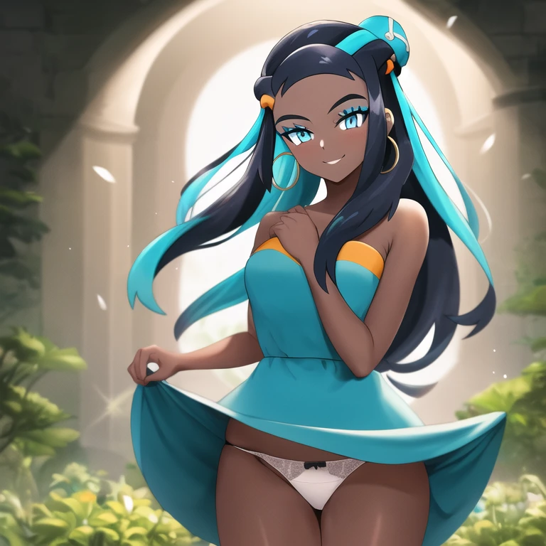 masterpiece, best quality, highly detailed, 1girl, solo, (nessa_pokemon:1.3),
dark-skinned female, dark skin, blue eyes, aqua eyes, long hair, black hair, blue hair, aqua hair, multicolored hair, two-tone hair, hair bun, single hair bun, eyeshadow, seductive smile,
dress, shiny dress, standing, edge lit, garden, lifting skirt, panties,